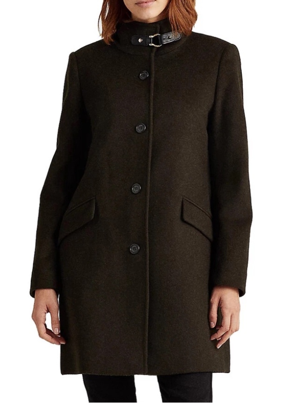Lauren Ralph Lauren Women's Wool Blend Buckle-Collar Coat Military Green Sz 2